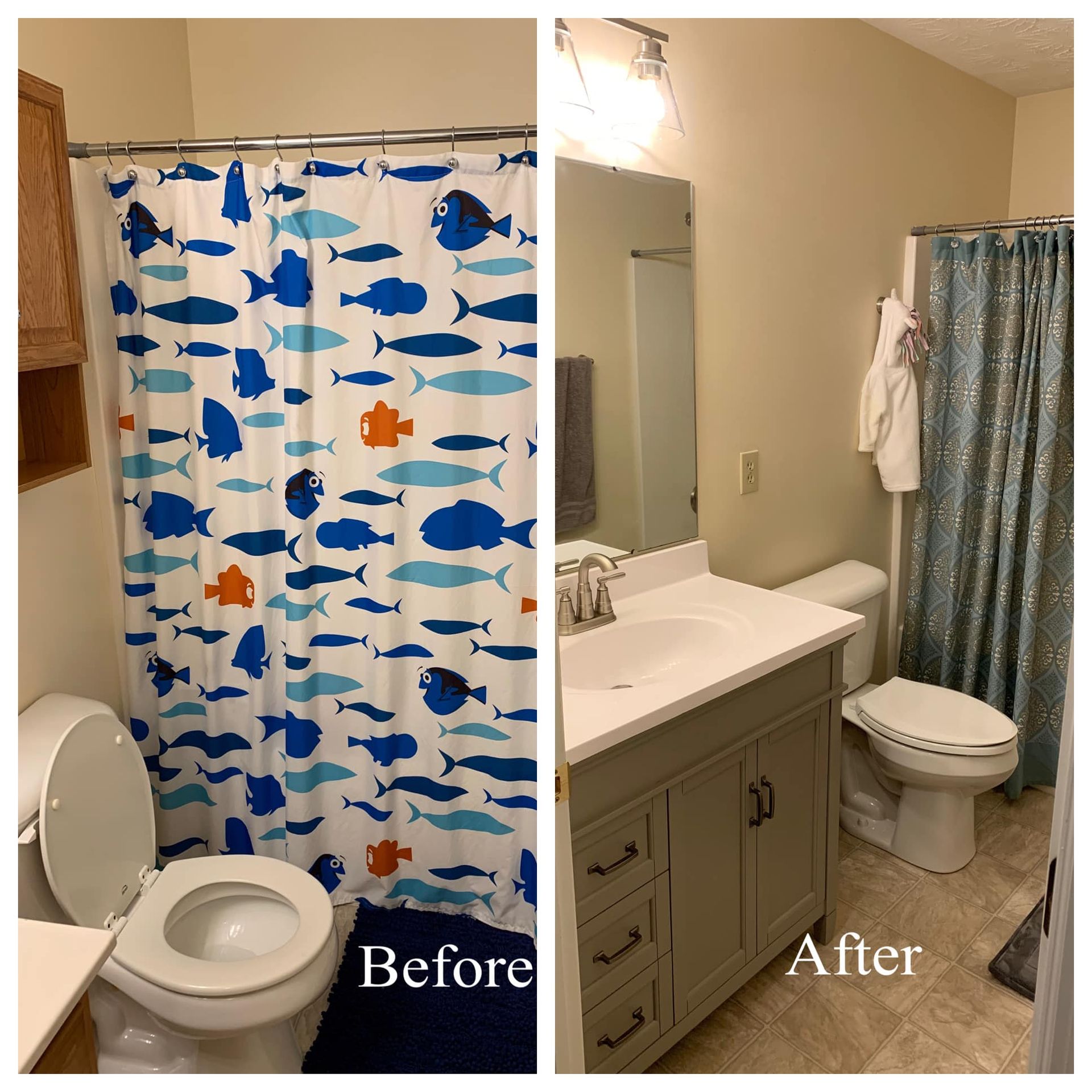 A before and after photo of a bathroom with a fish shower curtain
