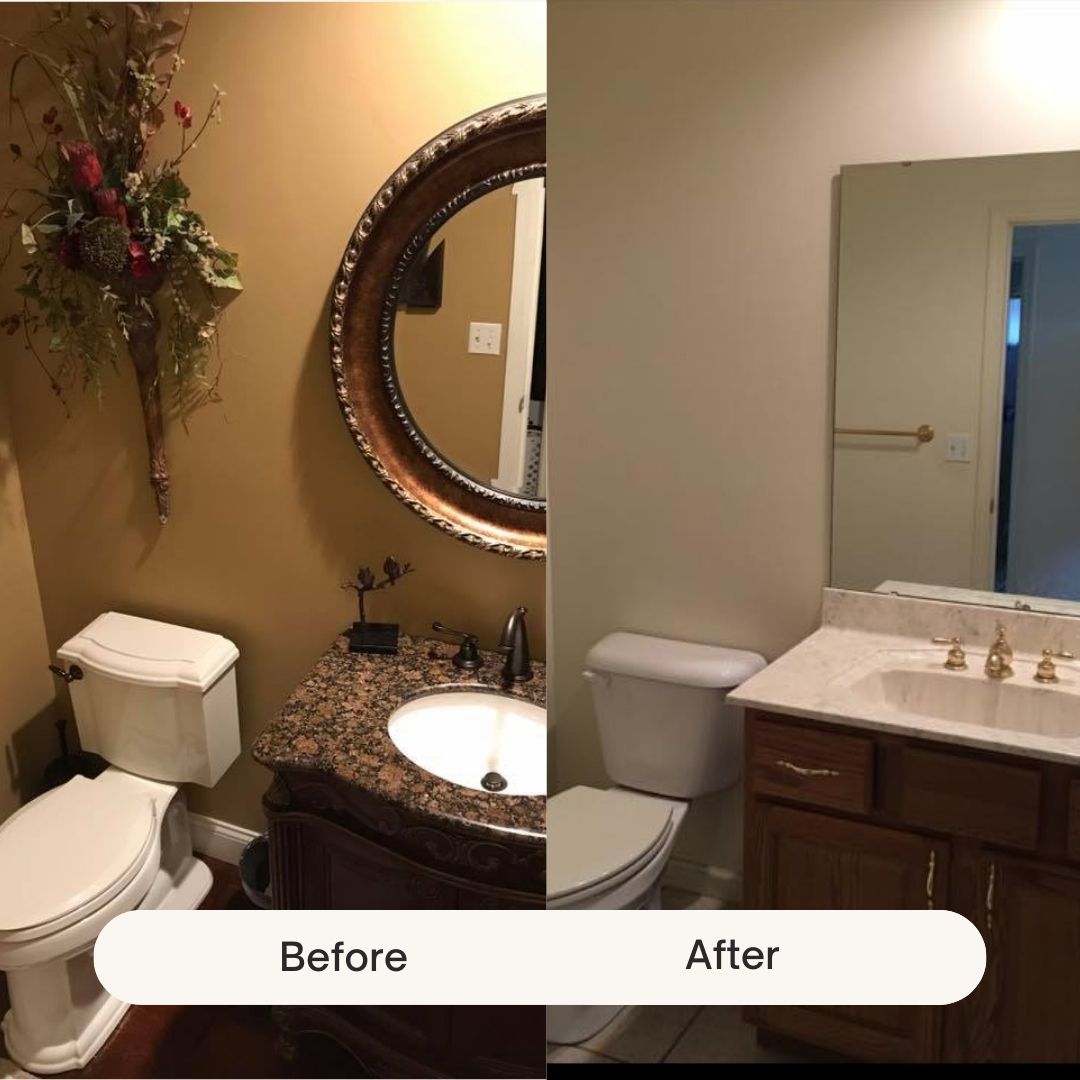 A before and after photo of a bathroom with a toilet and sink