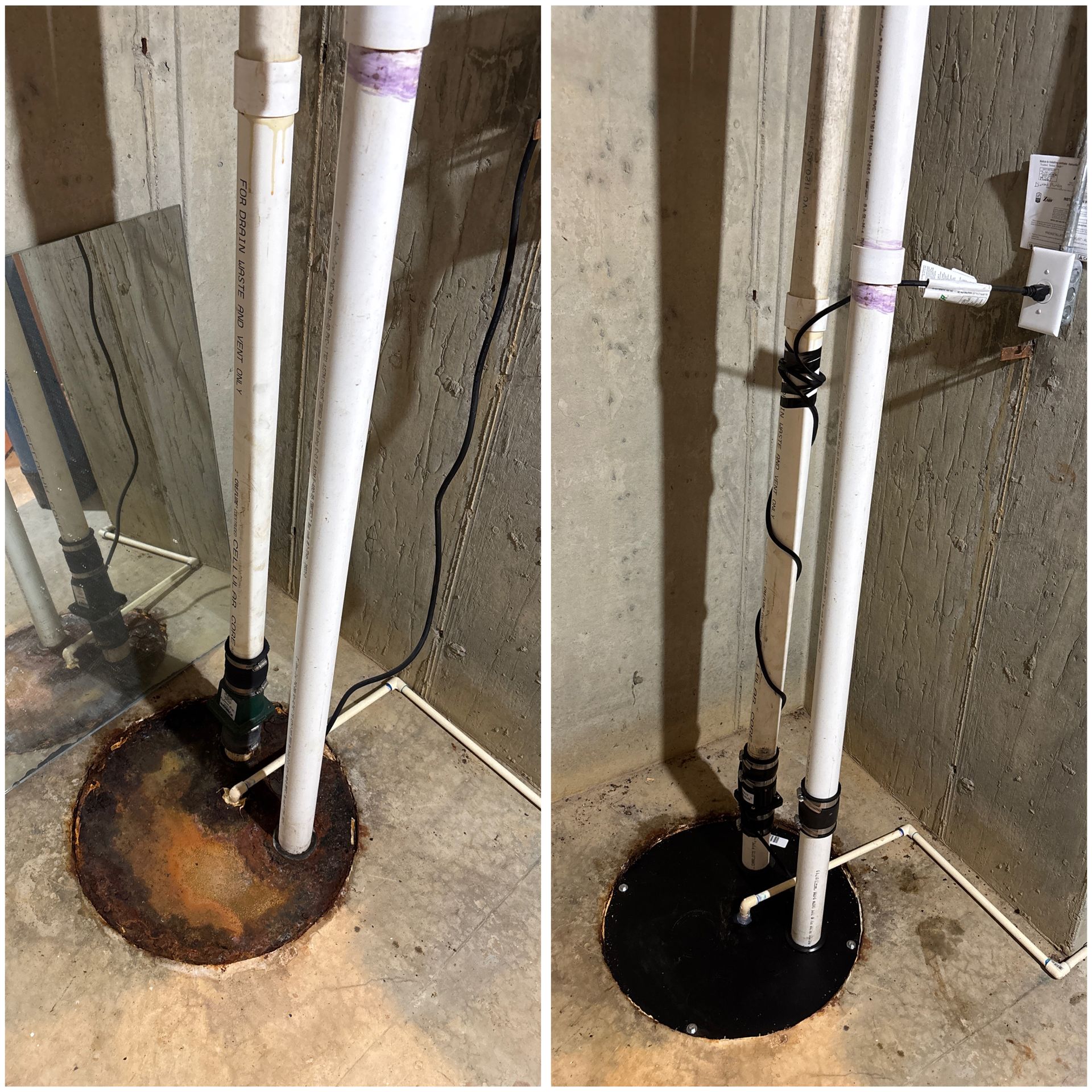 Before-and-after of a rusted basement pipe and floor drain replaced with a clean black seal and white PVC pipes