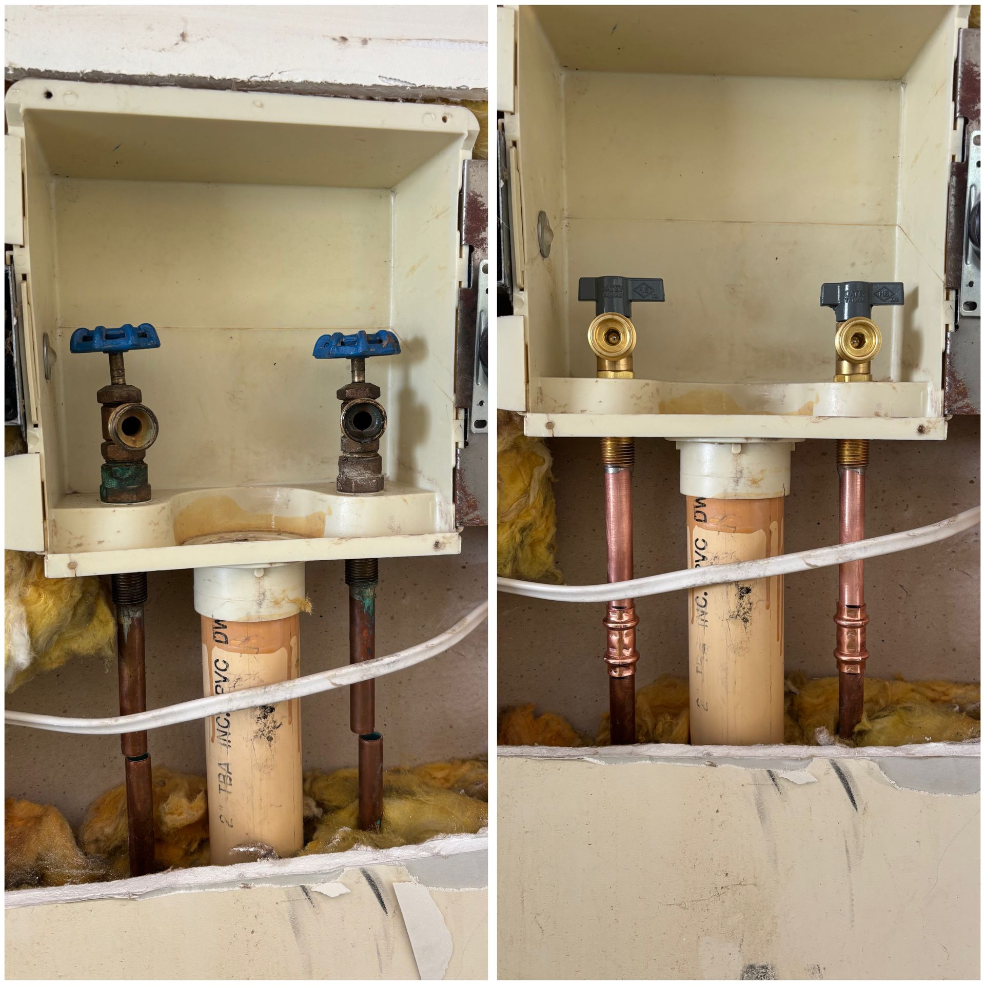 Open utility box with two water shutoff valves and exposed pipes, shown before and after repair.