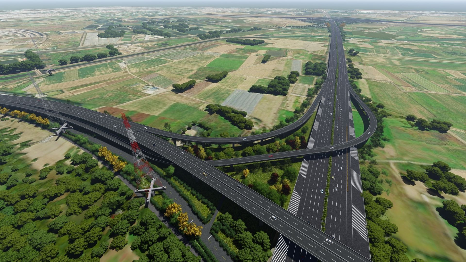 從空中俯瞰,高速公路立體交叉橫穿綠樹成蔭的農田。