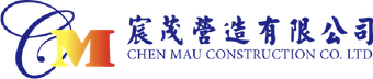 陳茂建築有限公司標誌,採用藍色和金色風格化的CM字母和中文文字。