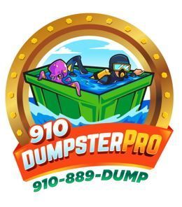 910 Dumpster Pro logo with a green dumpster and cartoon worker on blue background, phone 910-889-DUMP