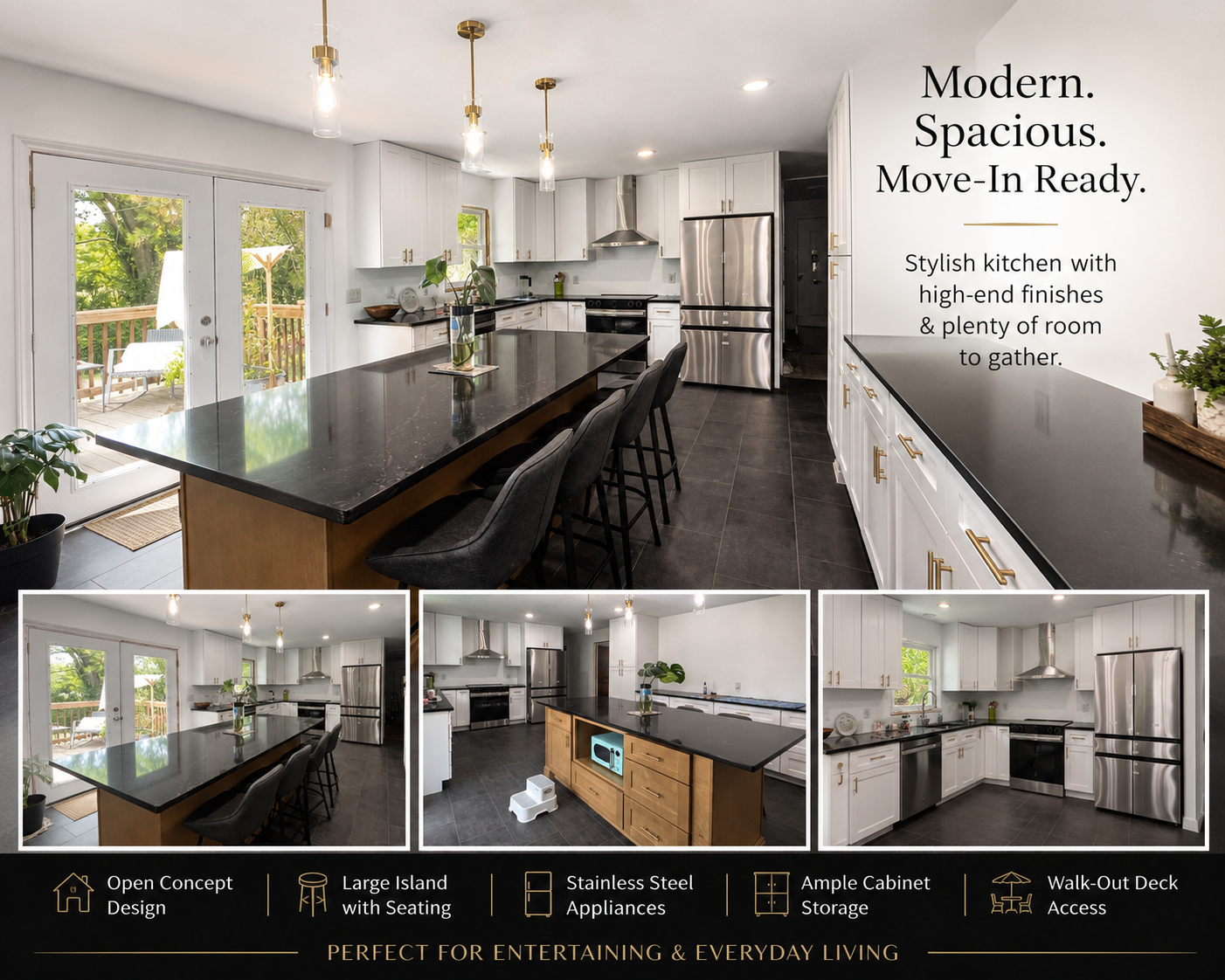 Modern kitchen with black island, white cabinets, stainless appliances, and dining area with patio doors.
