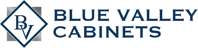 Logo for Blue Valley Cabinets, with a blue diamond containing 