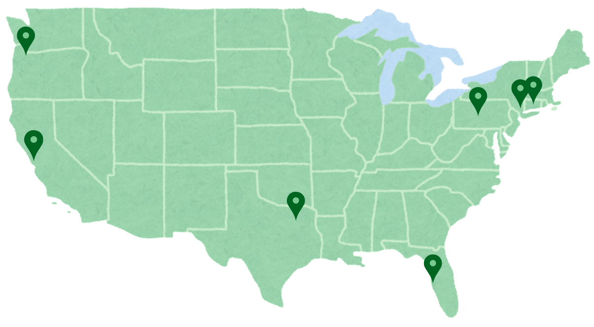 Map of the United States with green location markers in the states of California, Oregon, Texas, Florida, and Massachusetts.