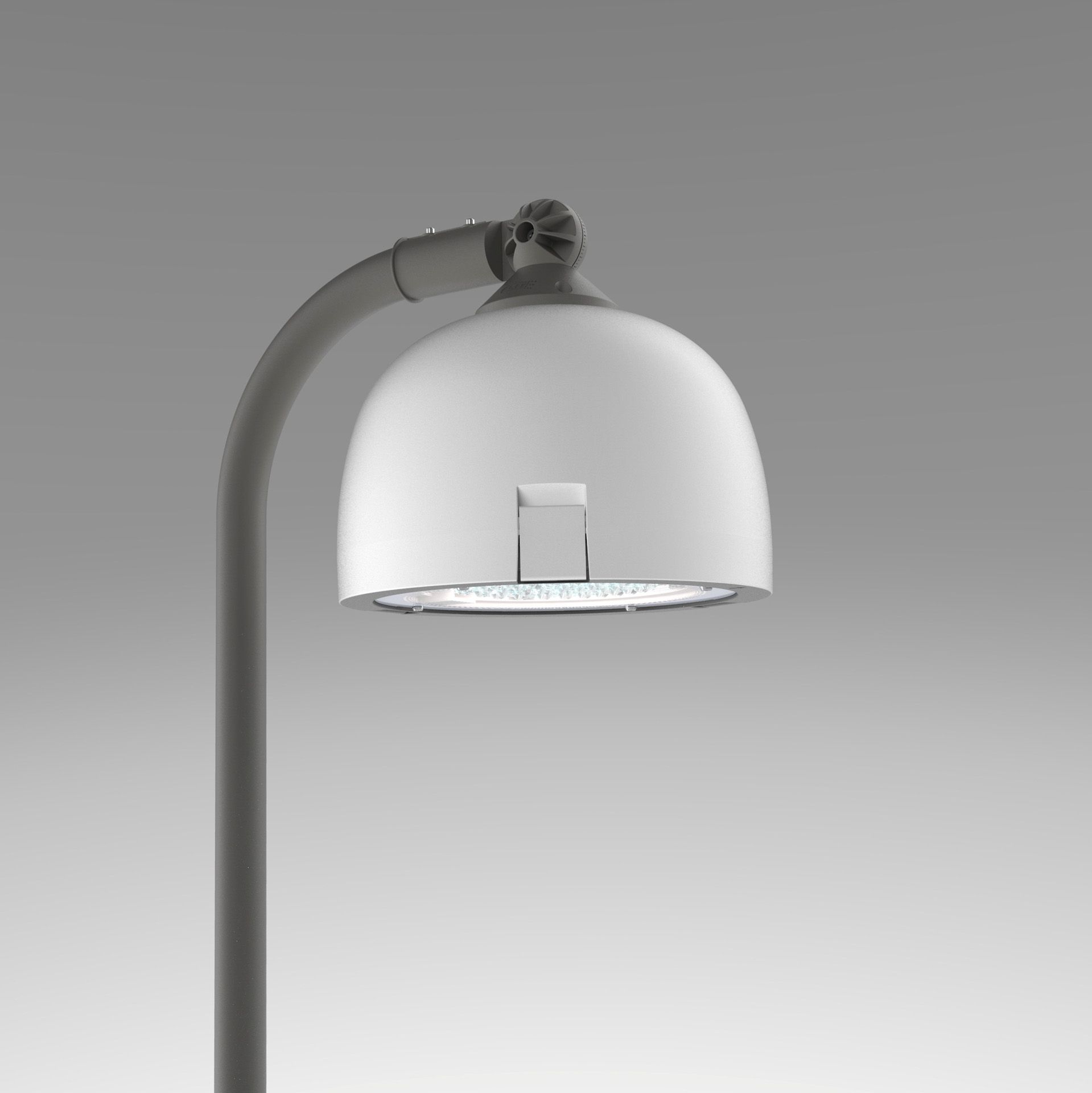 Decorative park luminaire mounted on a pole for outdoor area lighting.