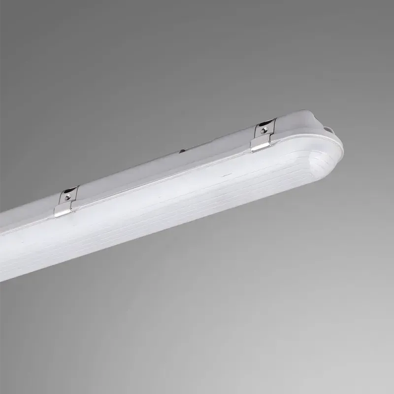 Enclosed LED luminaire for industrial, warehouse, and parking environments, offering high operational reliability.