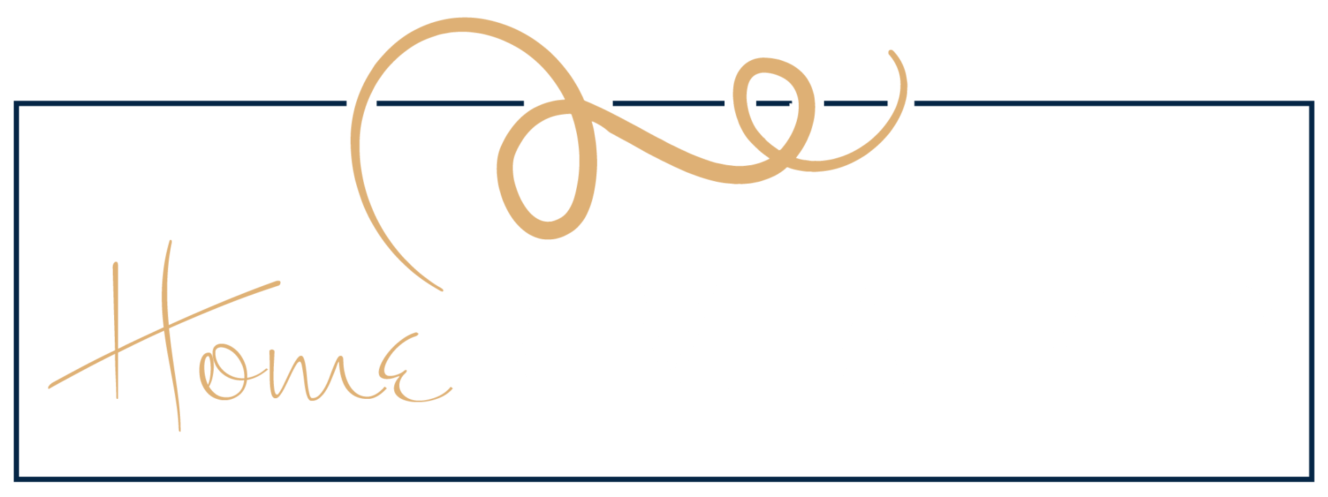 Logo: "Home" in script font below a golden swirl, within a rectangle.