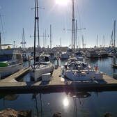Sailboats docked in a marina on a sunny day with the sun reflecting in the water.