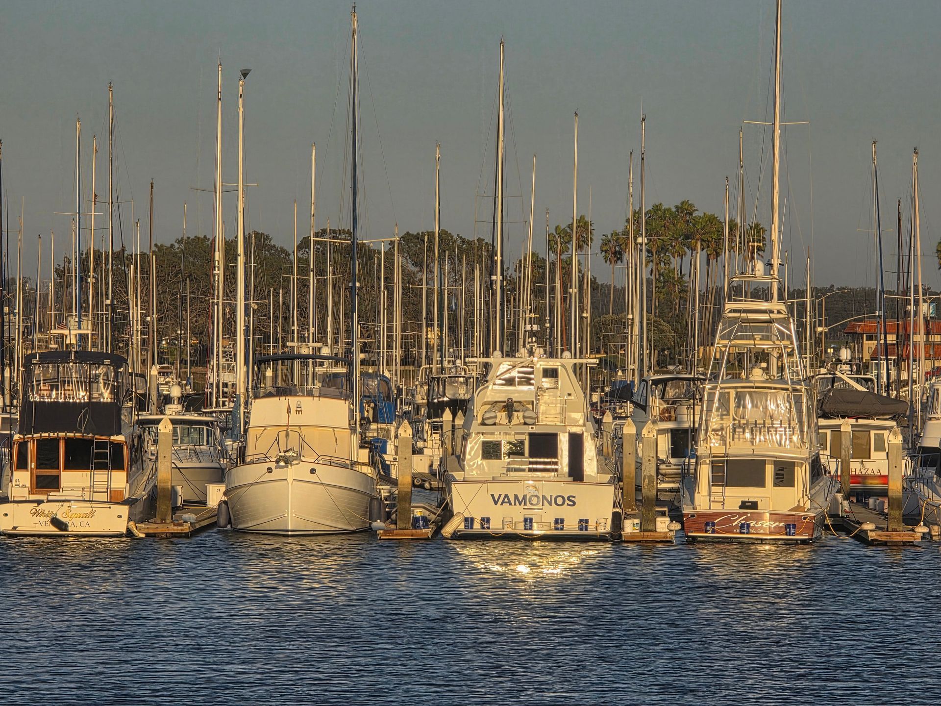 Boats docked in a harbor, masts silhouetted against a bright sky.