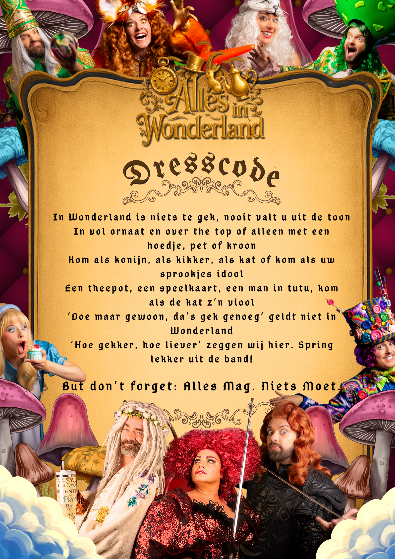 Een speelse poster met een perkamenten middenstuk, een sierlijke gouden lijst en kleurrijke fantasiefiguren aan de randen.