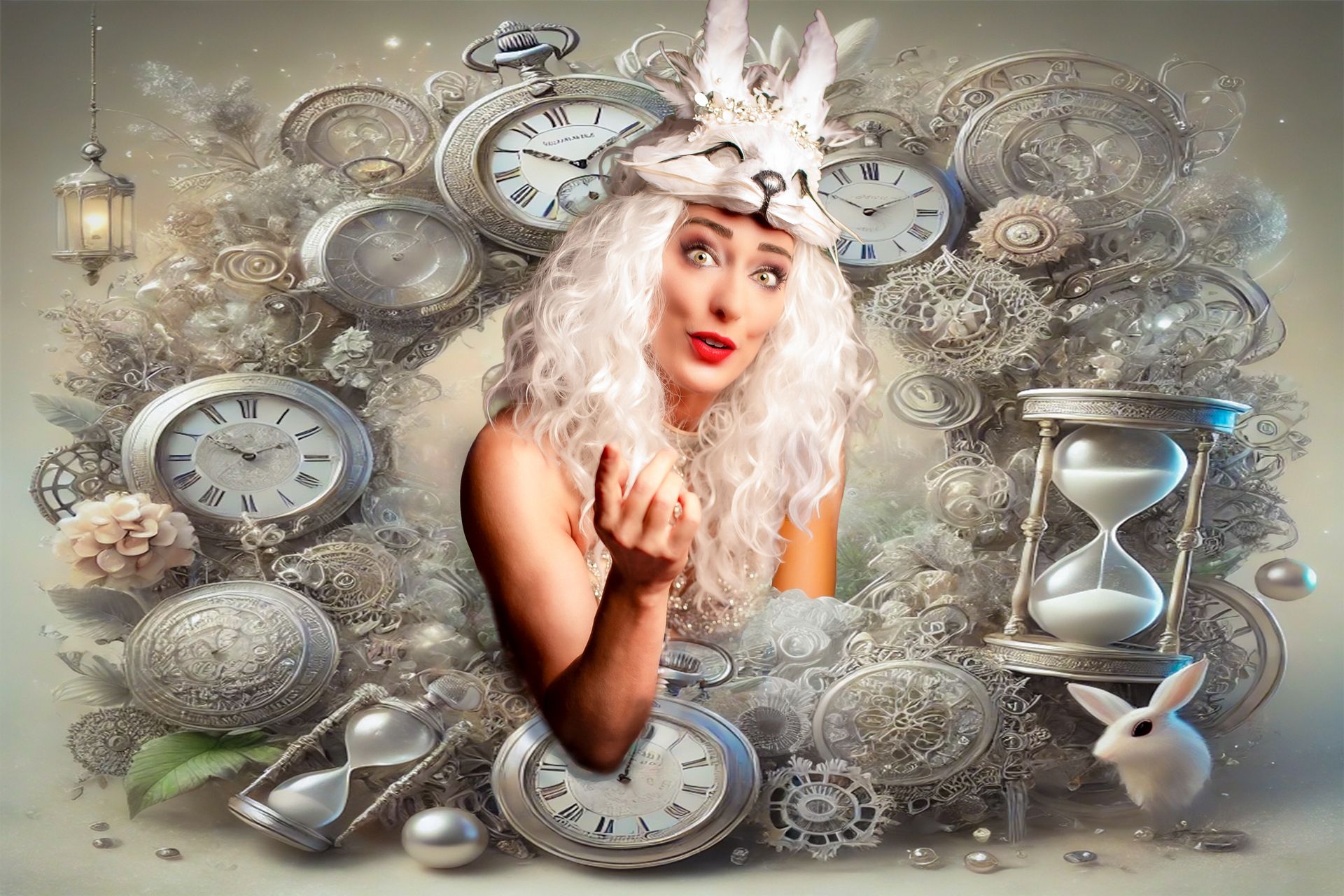 Vrouw met witte pruik te midden van klokken en zandlopers, omringd door zilveren uurwerken in een surrealistische scène.