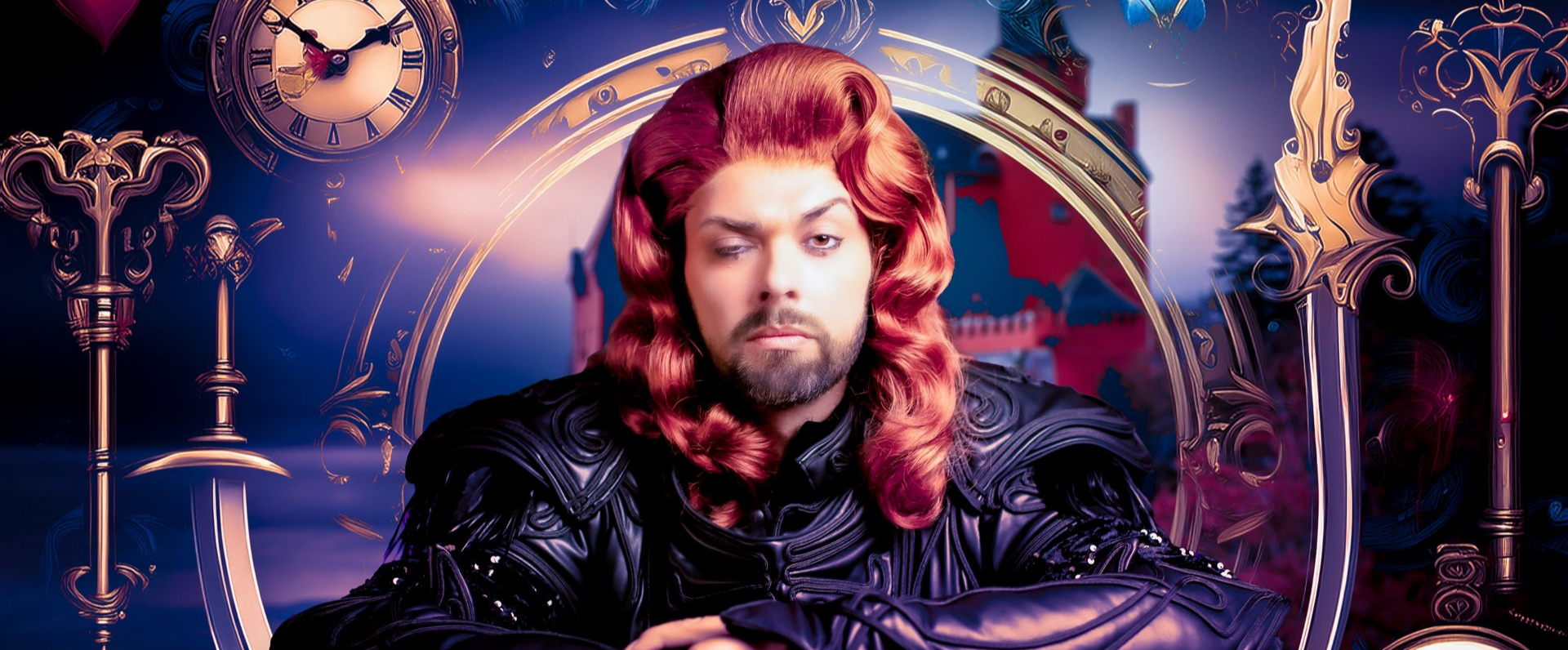 Portret van een roodharige man in een sierlijk harnas met klokken en gloeiende paarse magische effecten.