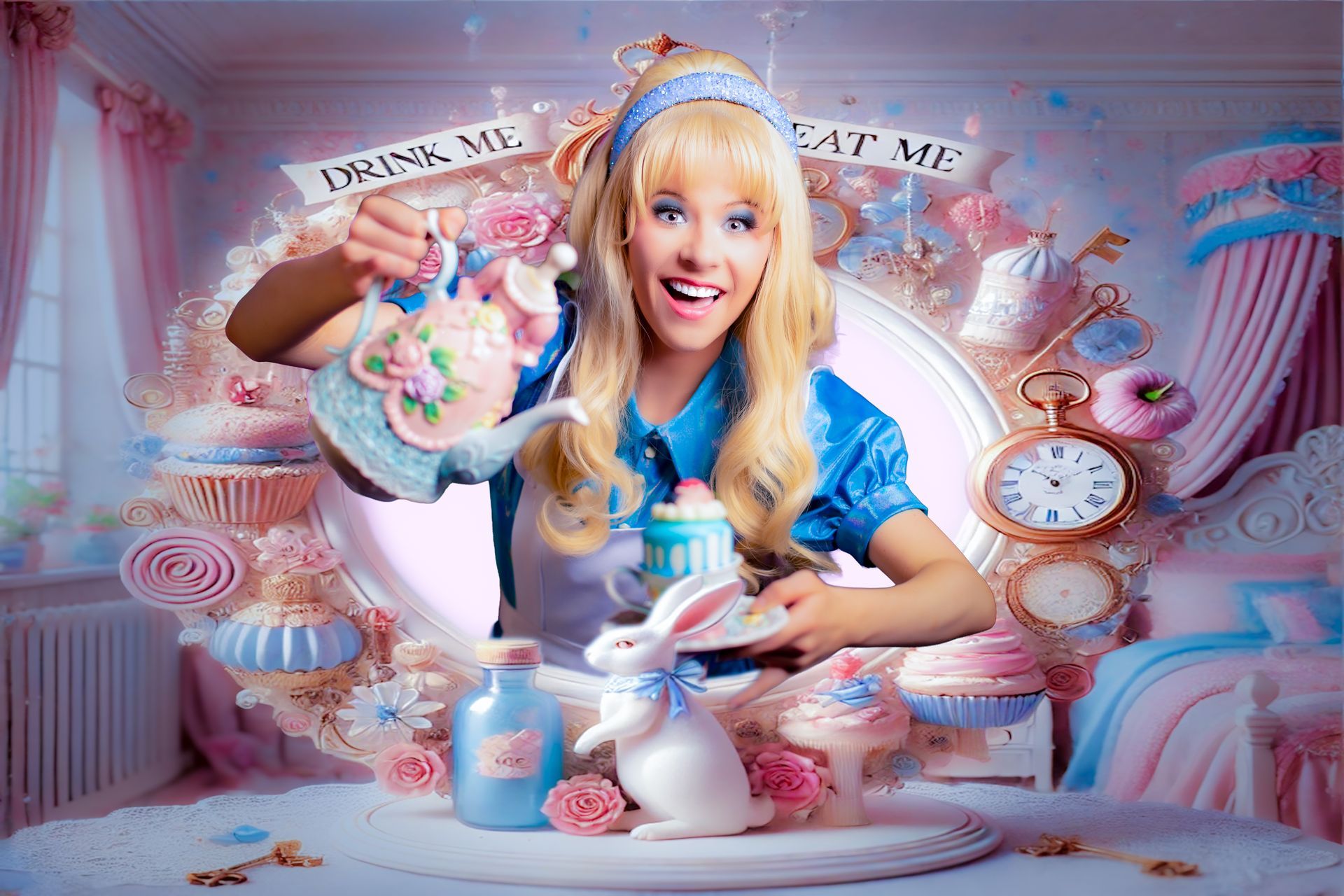 Een speelse pastelkleurige scène met een lachende blonde pop, een theepot, cupcakes en snoepdecoraties.