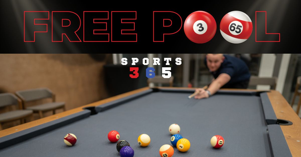 Free pool promotion poster showing a player taking a shot on a pool table