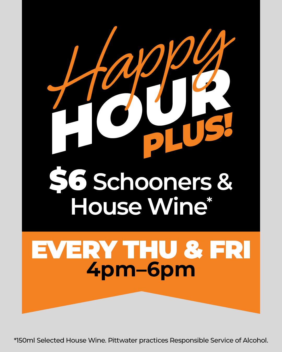Happy Hour Plus poster with bold black background and bright lettering