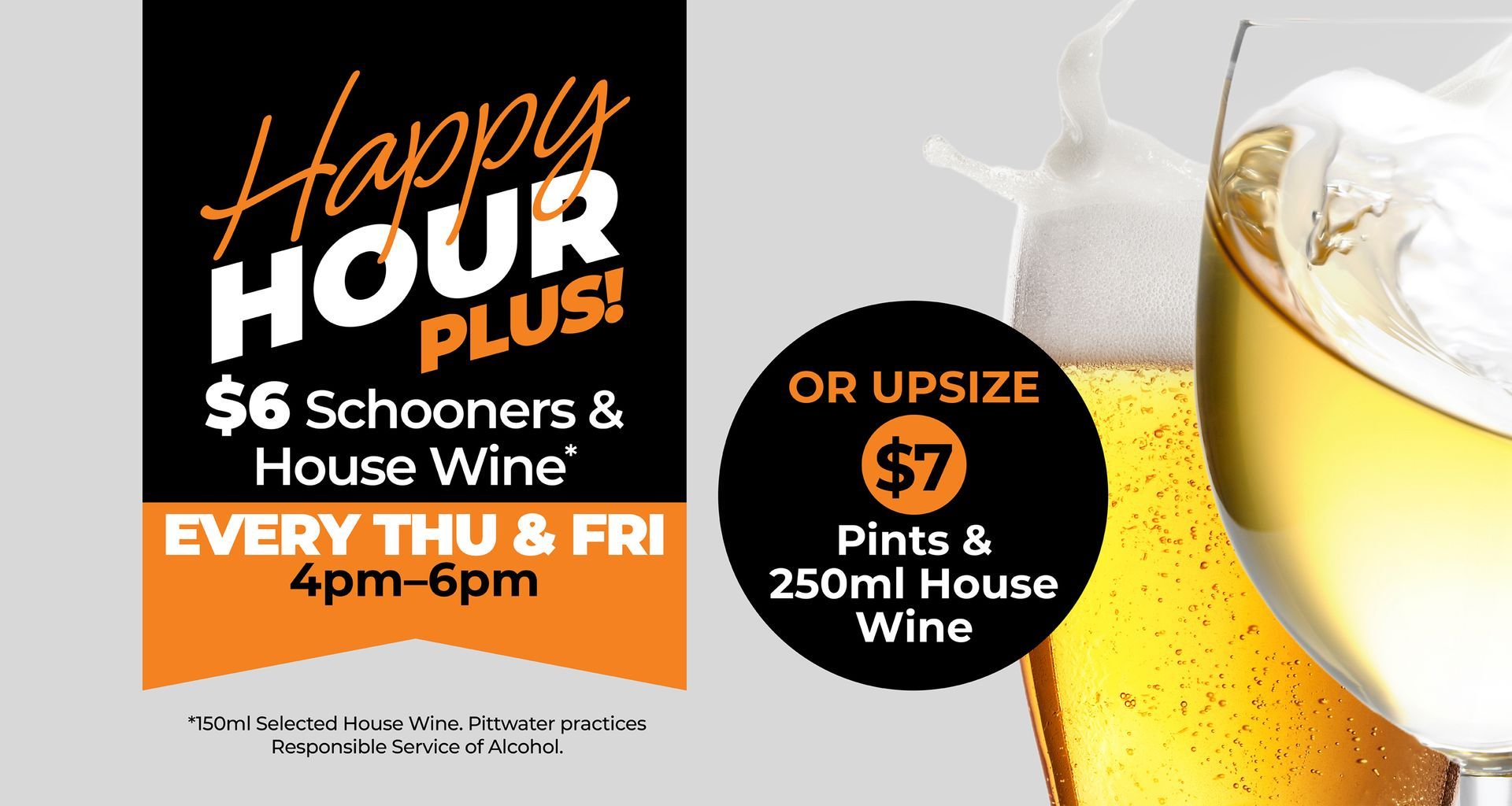 Happy Hour Plus poster featuring schooners and wine glass against bright background.