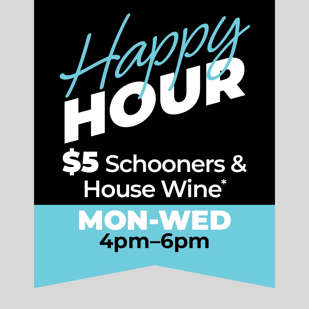 Happy Hour poster featuring bright handwritten lettering and schooners and wine pricing