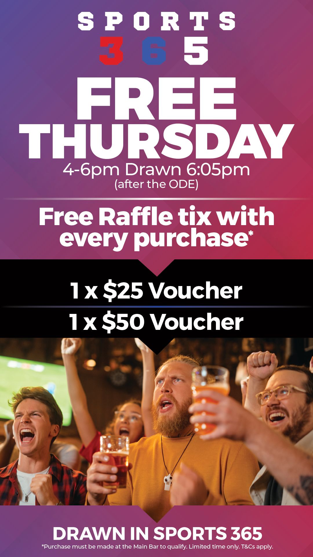 Free Thursday Sports 365 raffle promotion at Mona Vale RSL Club, with prize draws from 4–6pm