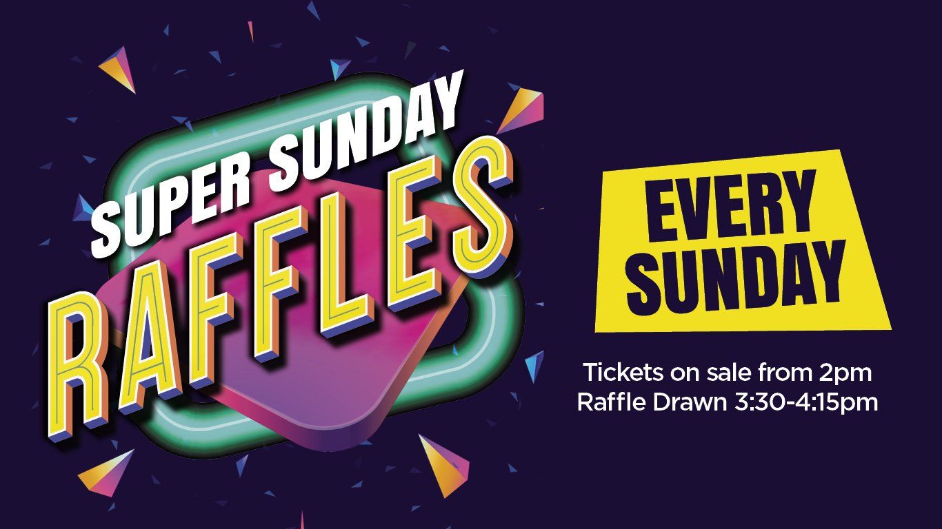 Super Sunday Raffles promotional poster at Pittwater RSL with bold colourful text advertising weekly raffle draws