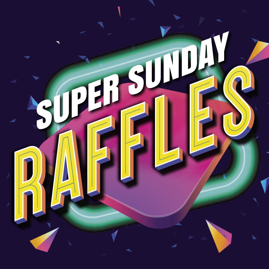 Super Sunday raffles promotion at Mona Vale RSL Club with bold, colourful event graphics