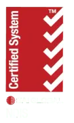 A red certified system logo with white arrows SAI Global NDIS Certified System