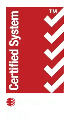 A red certified system logo with white arrows SAI Global NDIS Certified System