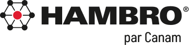 Logo for Hambro, a company, with a red dot at the center of a black honeycomb pattern. Text reads