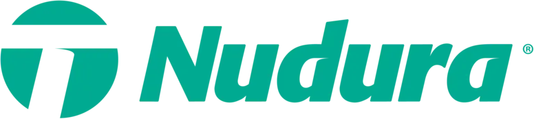 Logo turquoise représentant un « T » inscrit dans un cercle, avec le mot « Nudura » à droite. Le logo est turquoise avec une bande blanche sur le « T ».