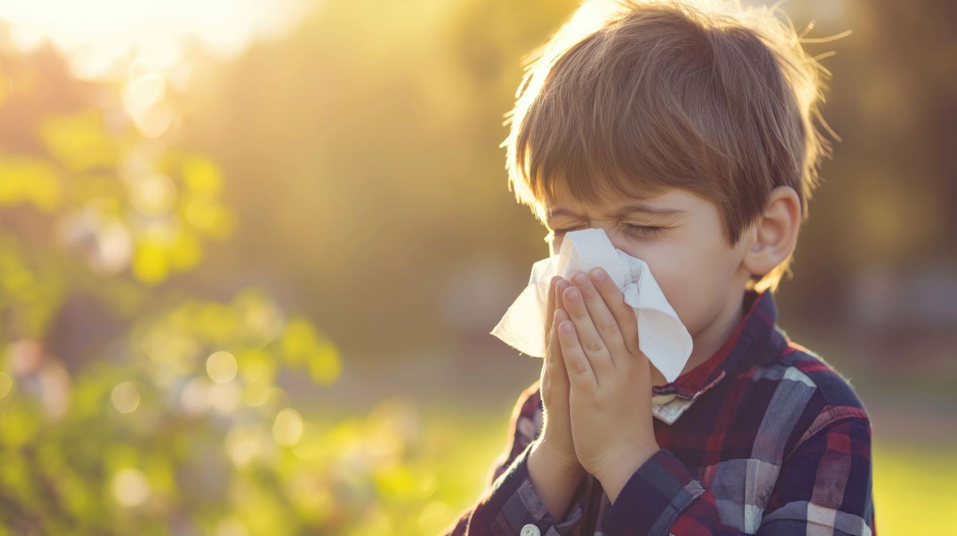 A young boy is blowing his nose into a tissue.