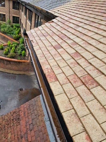 View of a tiled roof with dark gutters; building and green hedges in the background.
