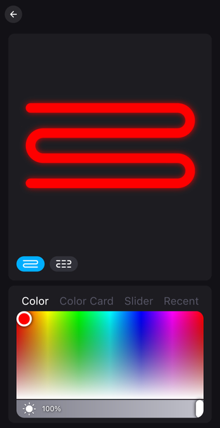 Red neon squiggle on a dark background with a color picker panel at the bottom.