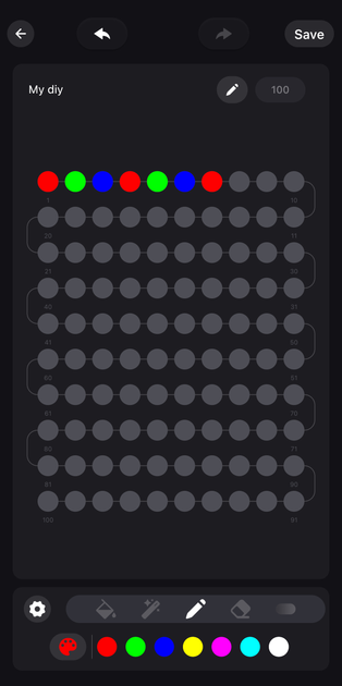 Dark app screen with a grid of colored dots and a row of paint colors at the bottom.