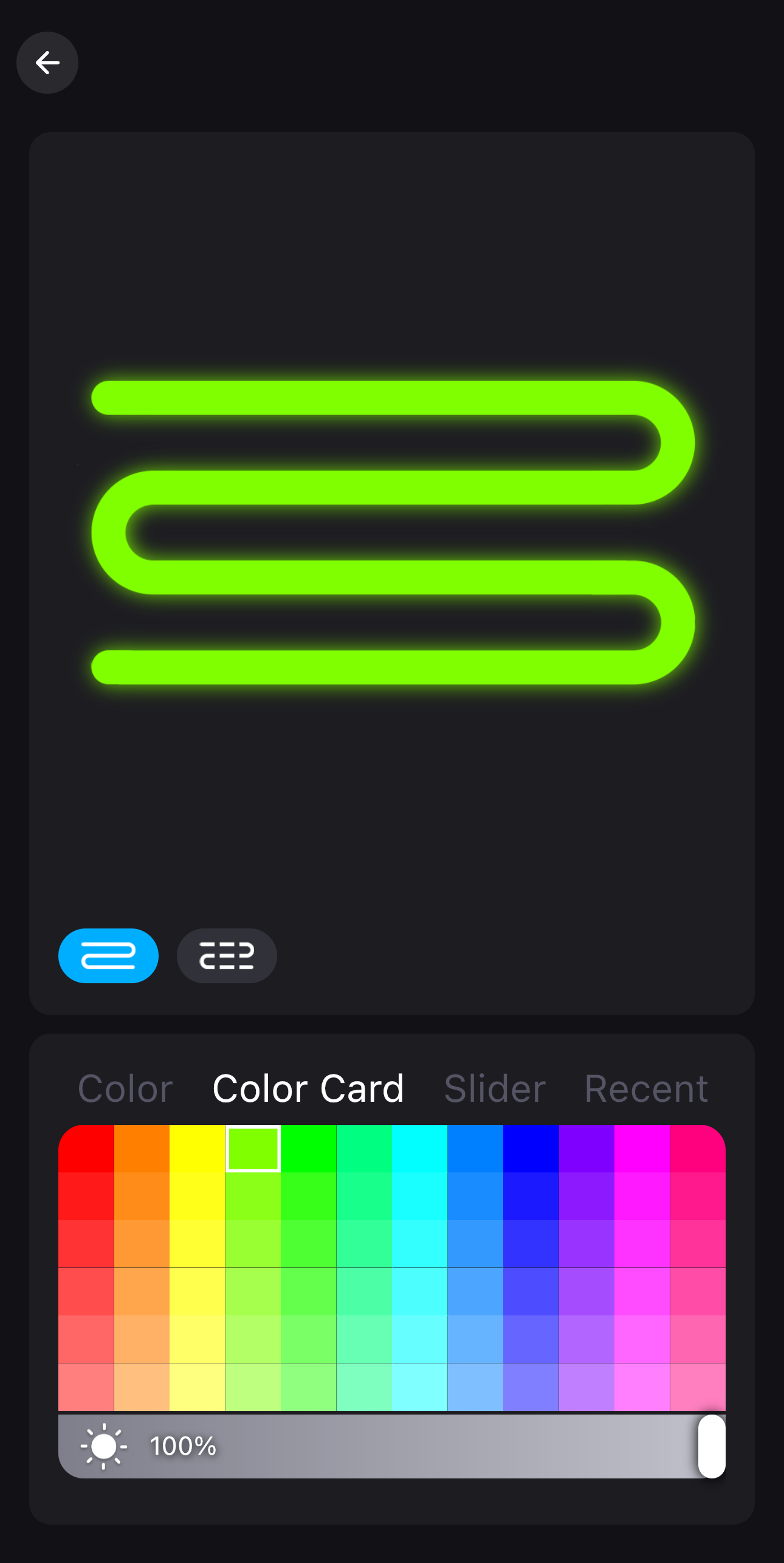 Neon green S-shaped line drawing on a dark canvas with a color slider palette at the bottom