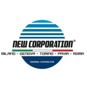 Logo per la New Corporation, un'impresa edile, con un globo terrestre e citt&agrave; italiane.