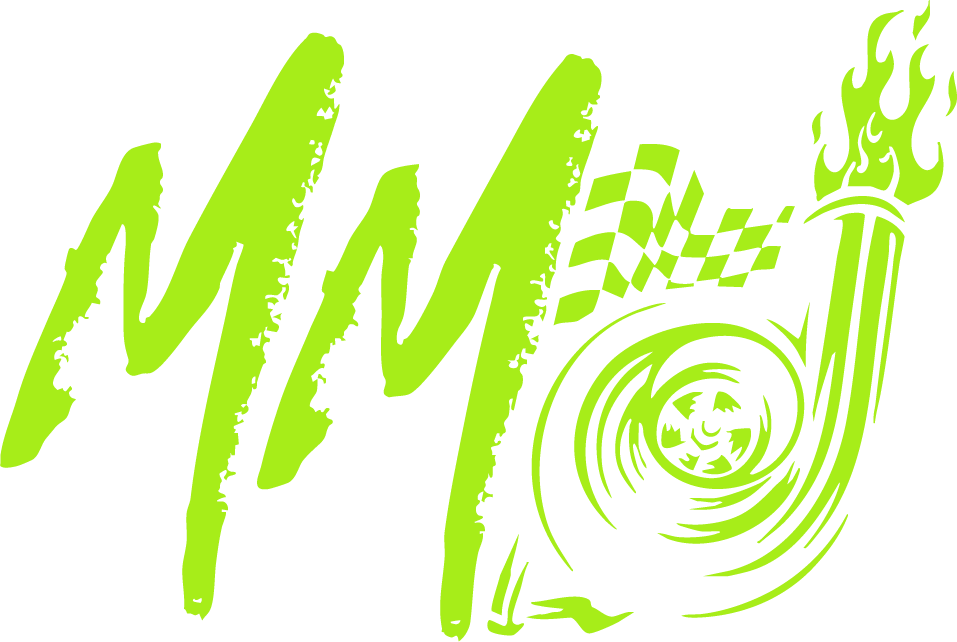 Neon green stylized logo with “MM,” a checkered flag, and a flaming trophy icon