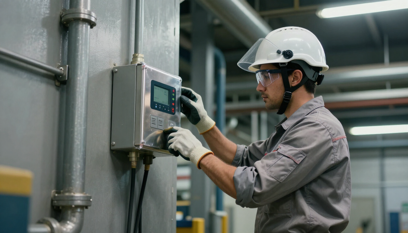 Worker at gas detector control panel