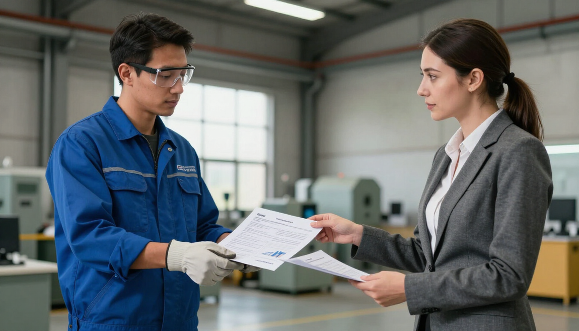 Engineer and manager reviewing documents in a factory workspace