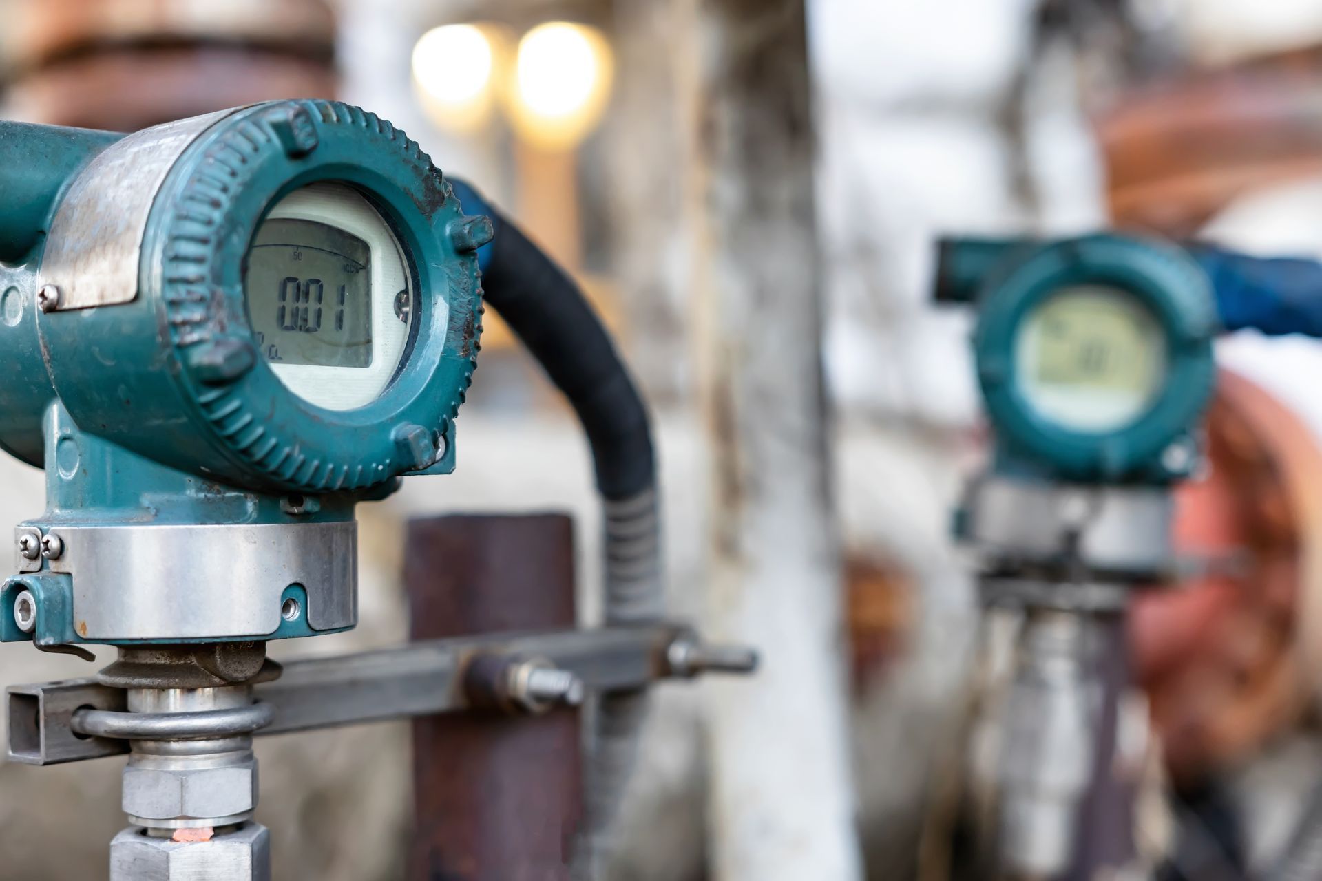 Two teal industrial gauges displaying numerical readings, mounted on pipes.