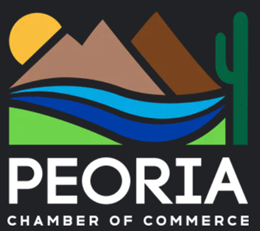 Peoria Chamber of Commerce logo with desert mountains, sun, blue river, and green cactus