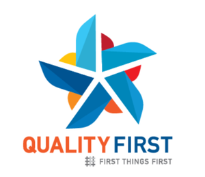 Quality First logo with blue and red starburst icon and tagline “First Things First”