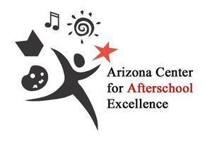 Arizona Center for Afterschool Excellence logo with a black figure, music note, swirl, palette, and red star