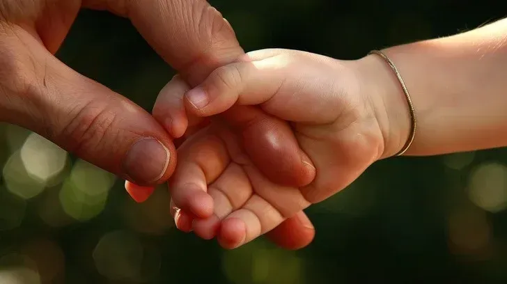 Two hands holding a baby's hand outdoors, with a blurred green background