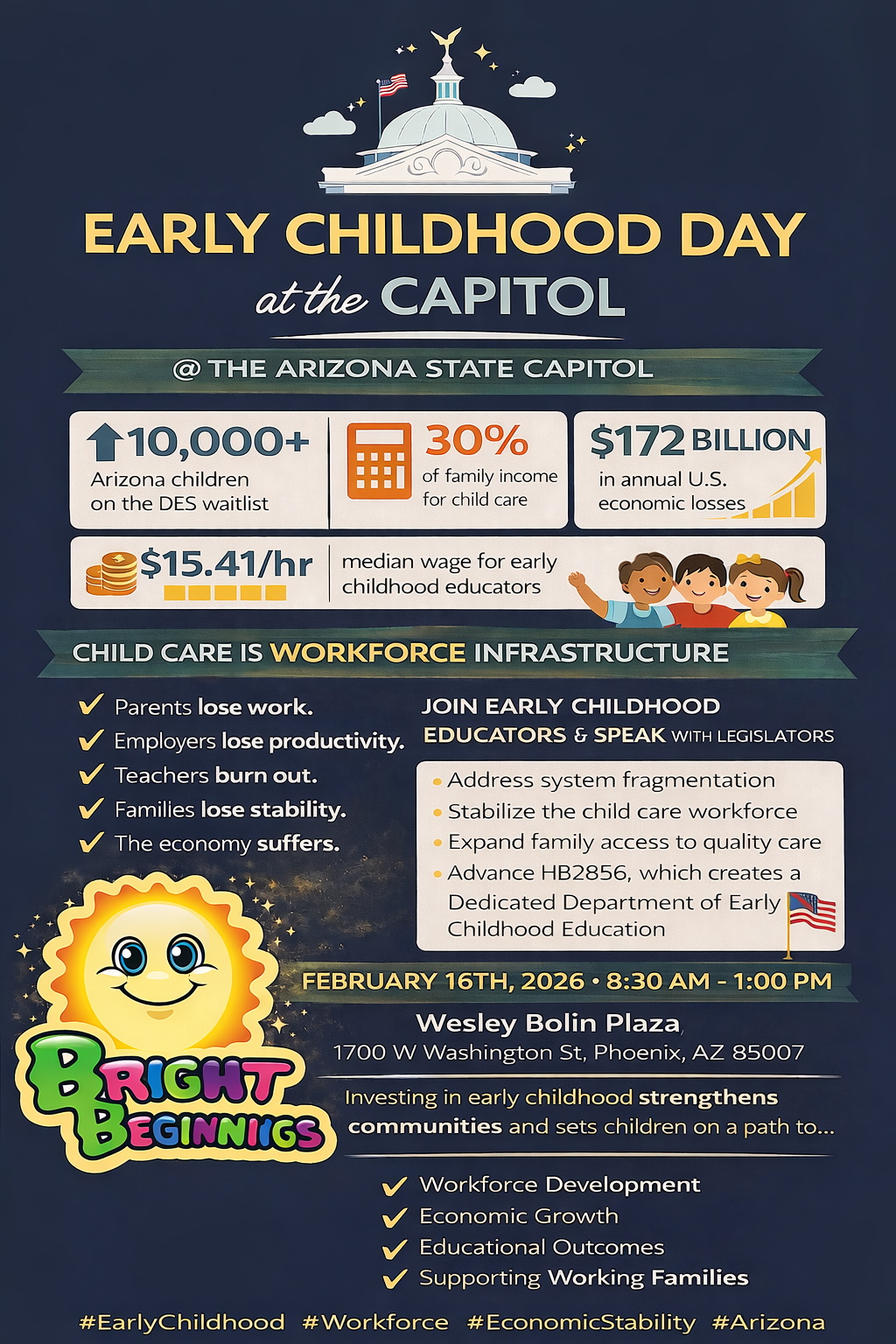 Early Childhood Day at the Capitol event flyer with schedule, stats, and Bright Beginnings logo