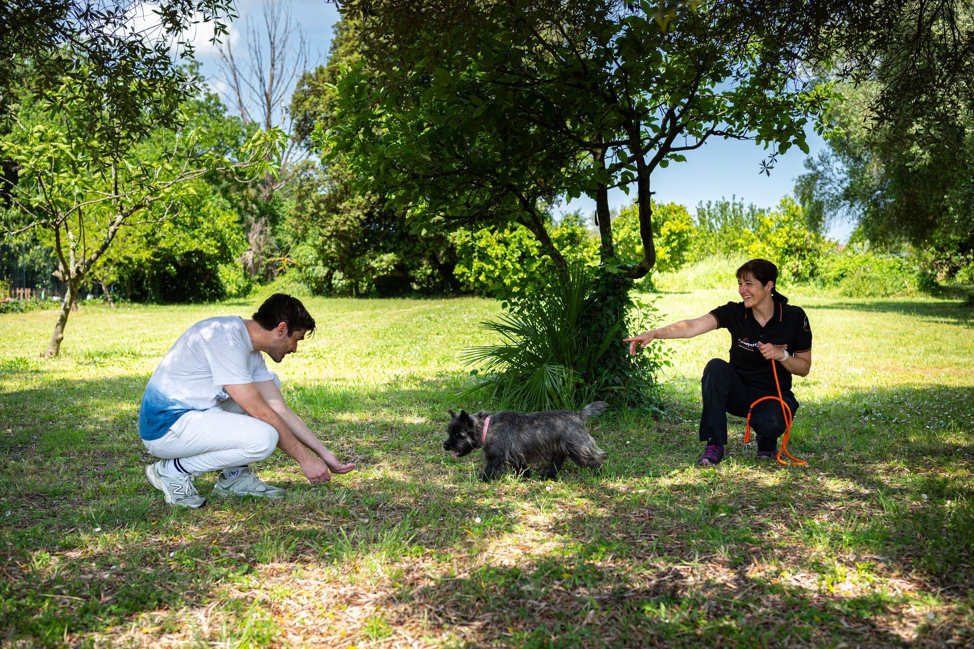 Due persone sono accovacciate in un parco soleggiato, e si protendono verso un cagnolino seduto tra di loro.