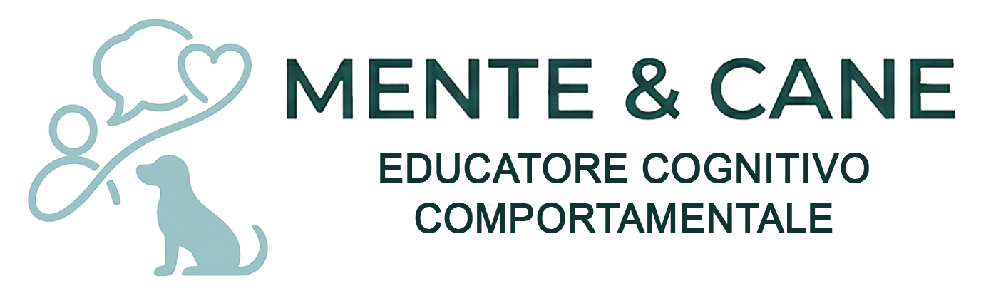 Logo con cane turchese e icona a forma di cuore, con le scritte “Mente & Cane” e “Educatore Cognitivo Comportamentale”