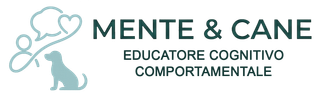 Logo con cane turchese e icona a forma di cuore, con le scritte “Mente & Cane” e “Educatore Cognitivo Comportamentale”