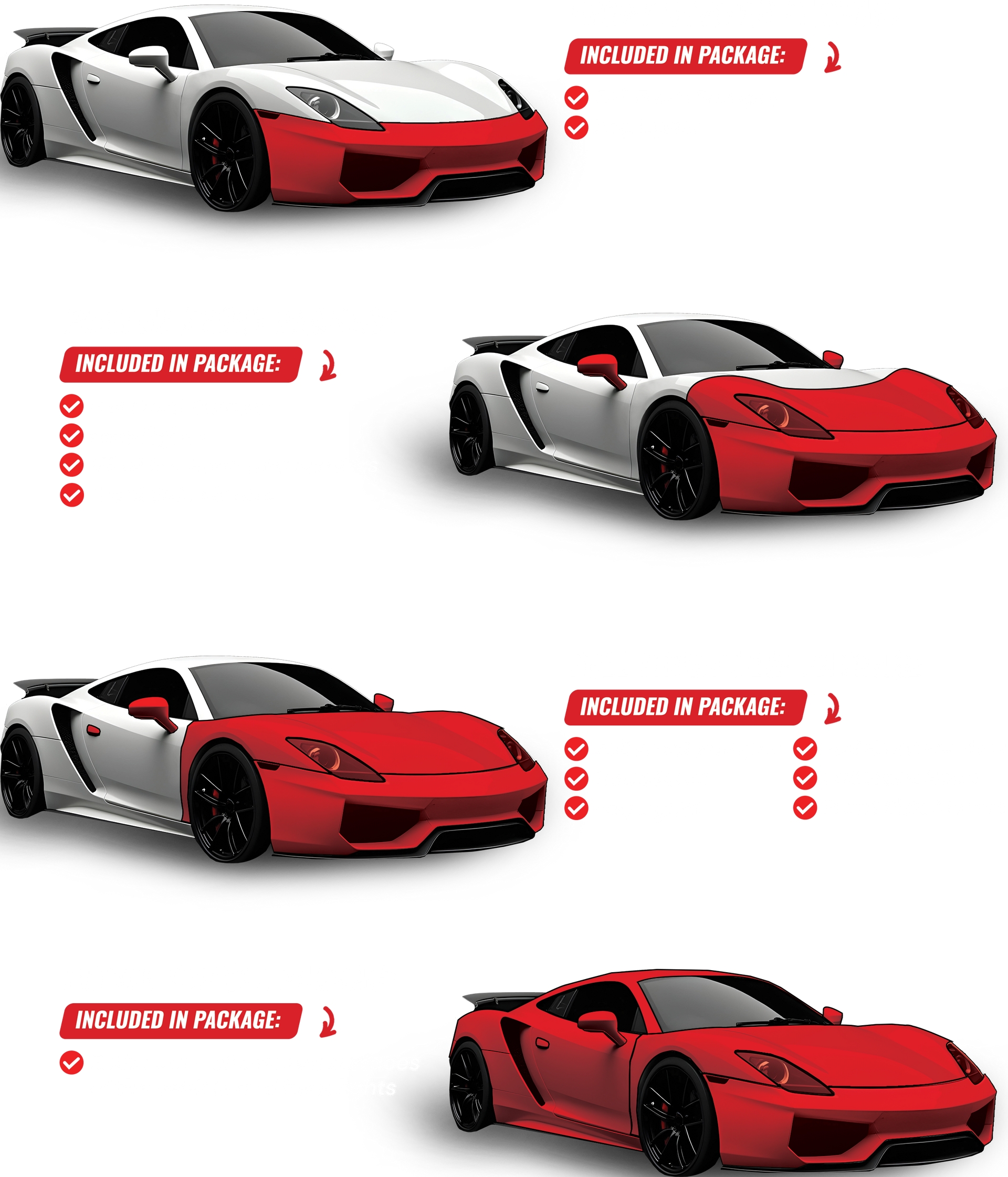 Four white sports cars with red accents; showing a progression from red accent on the bumper to fully red vehicle.
