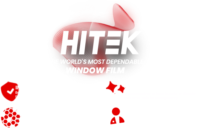 HI TEK window film logo with red abstract shape and text. Includes red icons for protection, clarity, and people.
